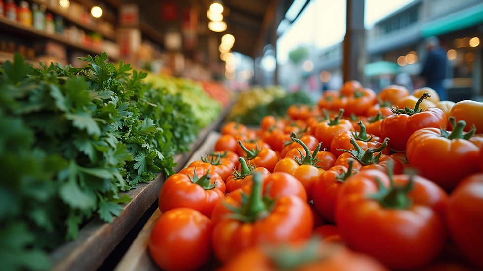 Eye-level view of a colorful vegetable market