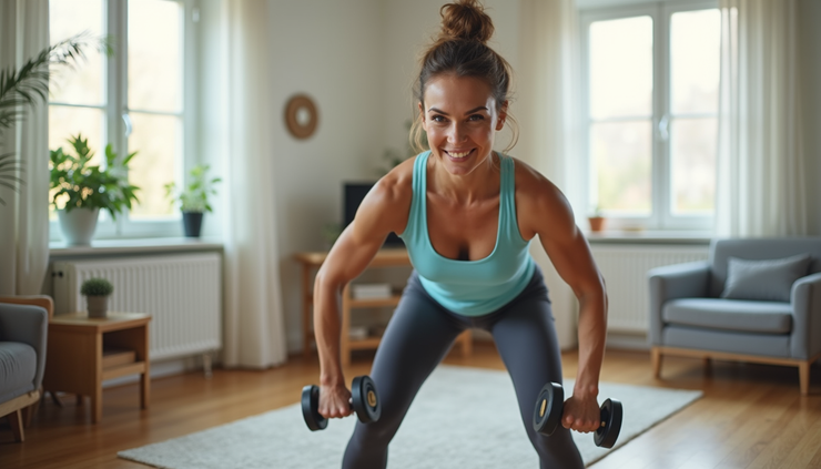 Eye-level view of a mother doing weight bearing exercise with dumbbells in a bright living room