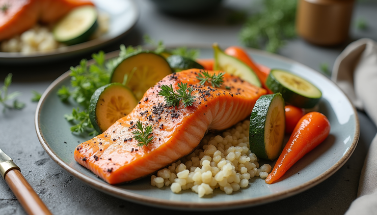 High angle view of baked salmon with roasted vegetables and couscous on a plate