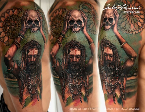 Tattoo of a man holding skulls, Austrian Recreation since 2003, BILDER COLOR TATTOO, Andre Zechmann.