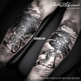 Tattooed arms with images of mountain bikers and snowboarders, PICTURE COVER UP, Andre Zechmann.