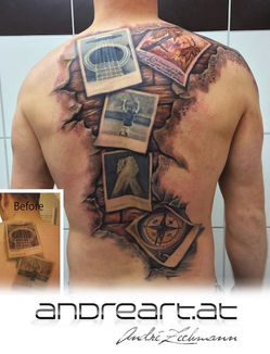 Tattoo of Polaroids with Andre Zechmann on a man's back, and andreart.at.