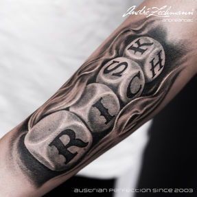 Tattoo dice with letters R, I, C, S, Q, and H, gray PICTURES BLACK GRAY TATTOO Andre Zechmann.