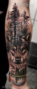 Wolf im Wald Tattoo, Arm, Andre Zechmann, Wald, BILDER COLOR TATTOO, Natur, Tattoo Kunst.