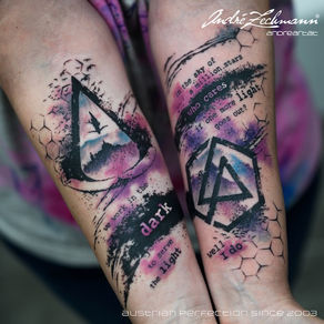 Tattoos with text: in the sky of a million stars, Andre Zechmann, black and dark.