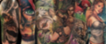 Künstlerische Tattoo-Kunstwerke mit diversen Motiven, detailliert und farbenprächtig, Tattoo, Andre Zechmann.