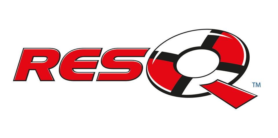 ResQ Logo mit rotem Text und Rettungsring Icon, tm, für Sicherheit.