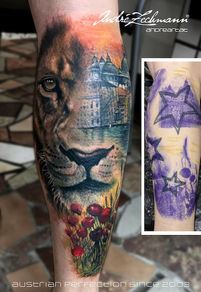 Lion tattoo with cityscape and flowers, Andre Zechmann, PICTURES COVER UP, on the leg.