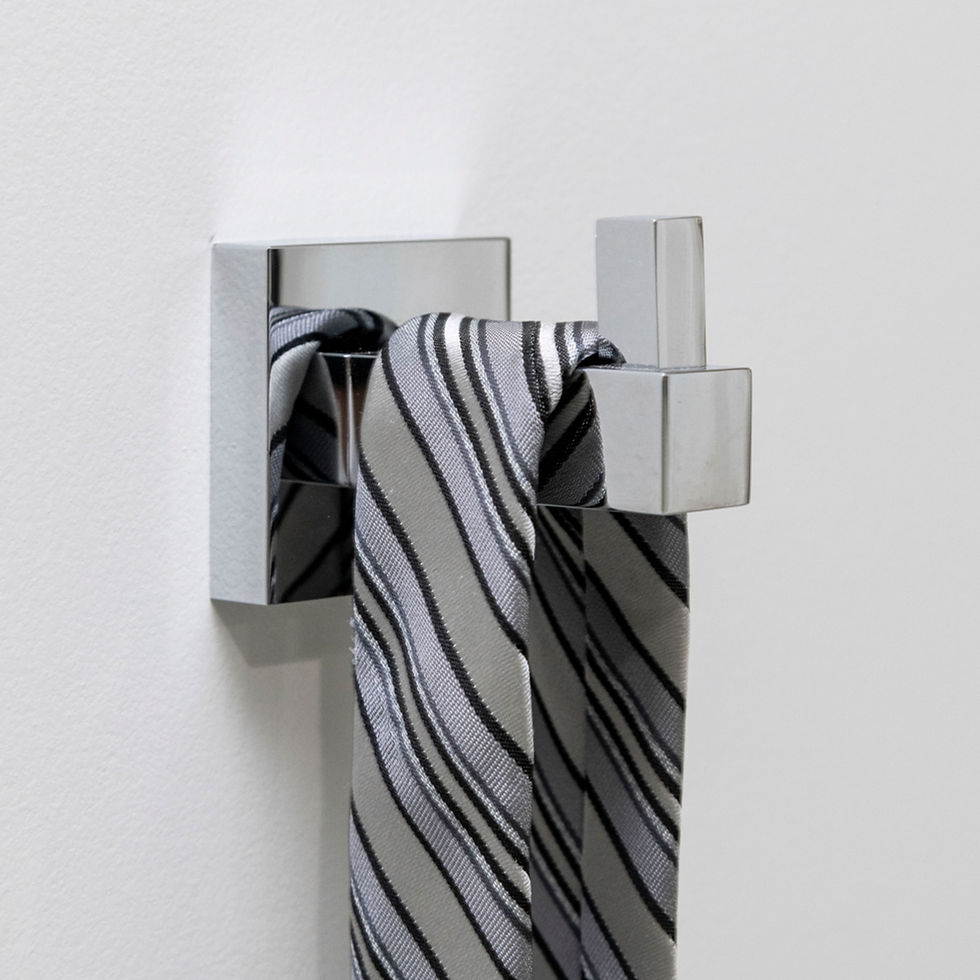 Thumbnail: Lifestyle image of Italia Collection Capri Robe Hook in Chrome model CA3604 mounted on wall holding a tie