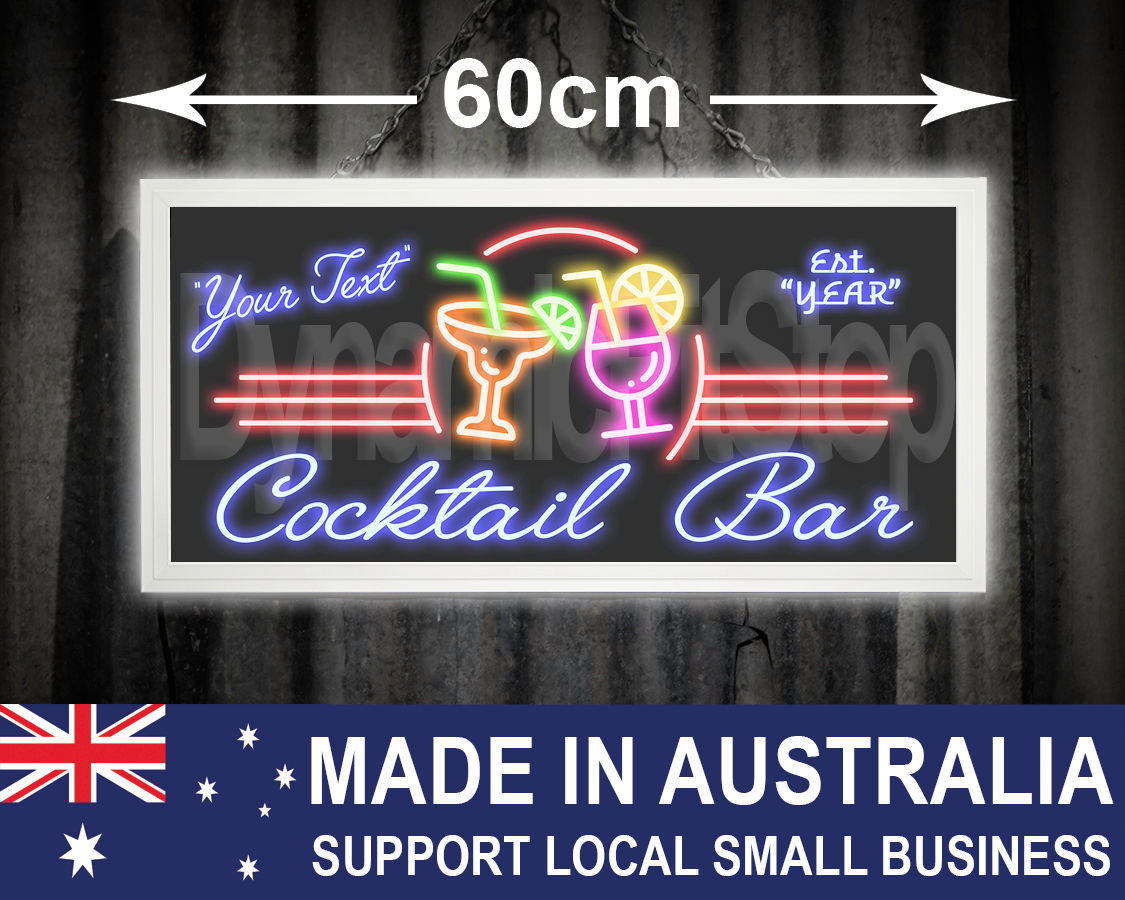 Illuminated Neon Style Cocktail Bar Custom Sign Lightbox Australian made