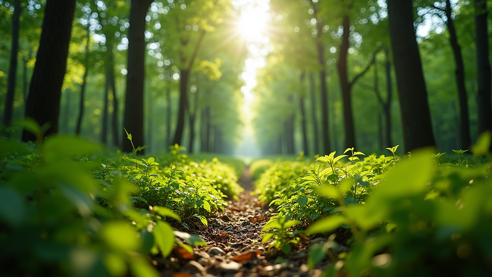 Eye-level view of a lush green forest with sunlight filtering through the leaves