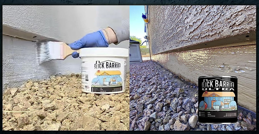 Close-up view of a pest control technician applying Slick Barrier around a home's foundation