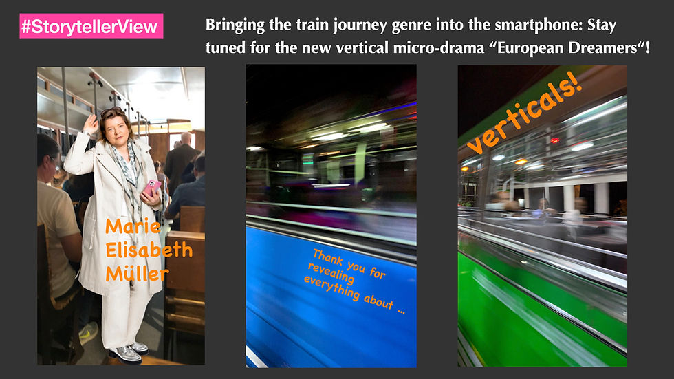 Three vertical photos in a row: a portrait of a woman with a smartphone in a train compartment, and two experimental smartphone images capturing a sense of speed.