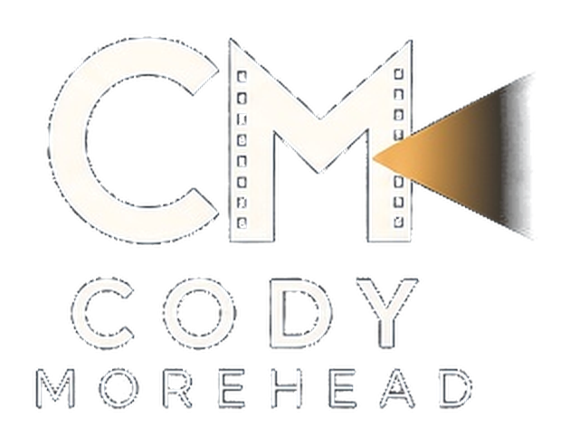 Cody Morehead Design logo: a CM monogram with a film strip and a projector beam