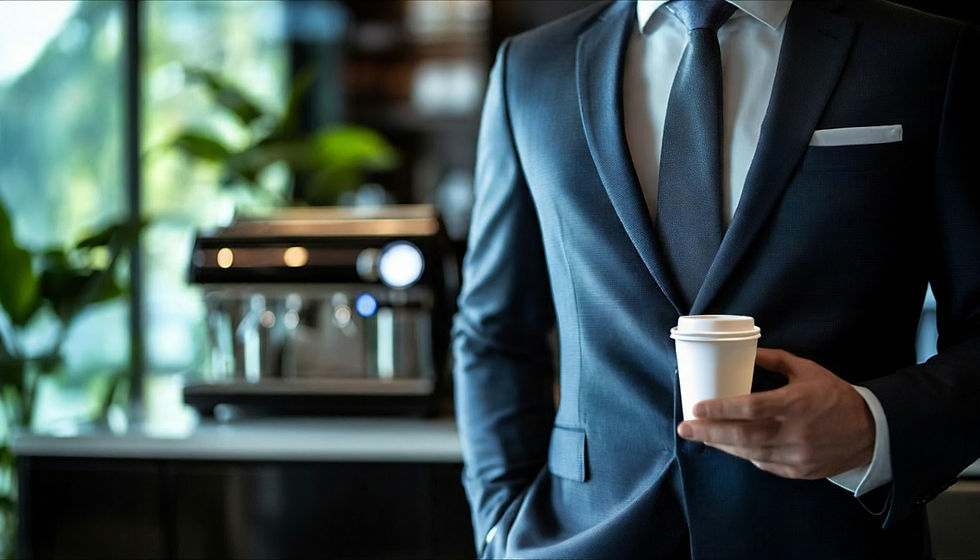A corporate professional in a tailored suit holding a paper coffee cup at a premium business event lounge.