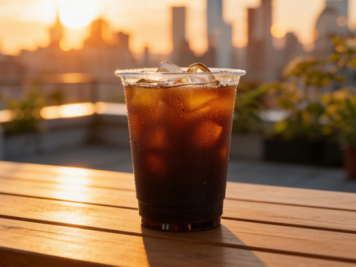 A refreshing plastic cup of iced long black coffee on a wooden deck with the golden hour Hong Kong city skyline blurred in the background