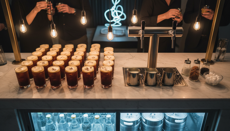 Rows of pre-poured cascading nitro cold brew glasses on a marble bar counter at a high-volume corporate event in Hong Kong