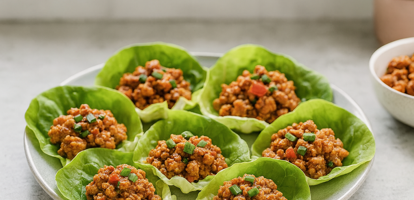 Minced Asian-style chicken filling inside crisp lettuce cups, garnished with shredded carrot and spring onions, served on a rustic wooden board.