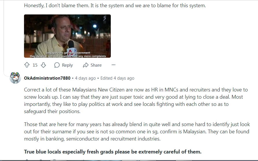 Correct a lot many these Malaysians new citizens are now as human resources HR multinational corporations MNCs recruiters recruitment they love to screw locals up. Born bred permanent resident residents PRs PR
I can say that they are just super toxic very good at lying to close a deal.
Most importantly, they like to play politics at work see locals fighting with each other so as to safeguard their positions.
Those that are here for many years already blend in quite well hard difficult some hard to identify just look out for their surname if you see is not so common one in Singapore, confirm is Malaysian. They can be found mostly in banking, semiconductor recruitment industries.
True blue locals especially fresh graduates please be extremely careful of them.
Kenneth Andrew Jeyaretnam ஜோசுவா பெஞ்சமின் ஜெயரத்தினம்