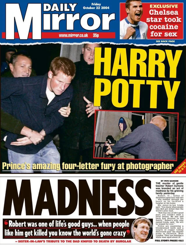 Friday 22th October 2004 Daily Mirror Journal Newspaper Prince Harry Potty Mouth Four Letter Curse Word Vulgar News Photographer Camera Assault Battery Henry Charles Albert David Duke of Sussex Cambridge William