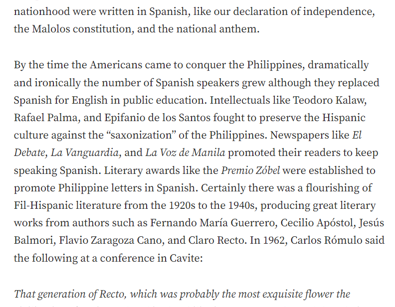 Teodoro Kalaw Rafael Palma Epifanio de los Santos fought preserve Hispanic culture against “saxonization” Philippines

El Debate la Vanguardia la Voz de Manila Premio Zóbel promote Philippine letters Spanish


Filipino-Hispanic literature 1920s 1940s producing great literary works authors Fernando María Guerrero Cecilio Apóstol Jesús Balmori Flavio Zaragoza Cano Claro Recto 1962 Carlos Rómulo conference Cavite

Spanish Philippines Paolo Gabriel Romero Sunday, 27th December 2020