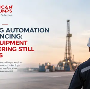Worker in hard hat faces oil rig at sunset beside American Mud Pumps article headline on drilling automation.
