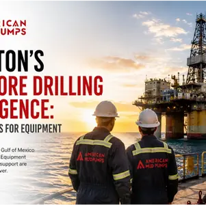 American Mud Pumps ad shows two workers on an offshore rig at sunset, with Houston’s offshore drilling resurgence text.