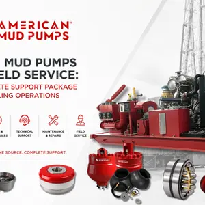 American Mud Pumps promo showing a drilling rig, mud pumps and parts, with text: From Mud Pumps to Field Service.