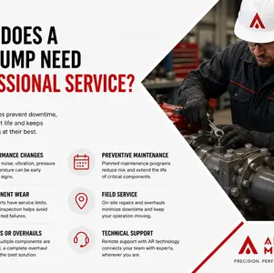 Technician in hard hat repairs a mud pump in a workshop ad reading When does a mud pump need professional service?