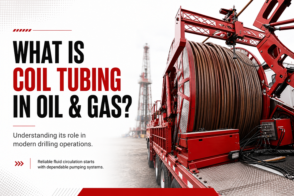 Large poster reading What Is Coil Tubing in Oil & Gas? beside a red coil tubing truck at an oil rig