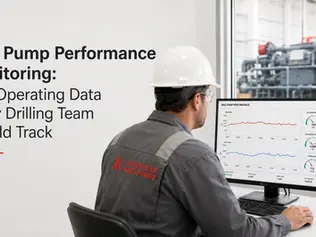Man in hard hat monitors mud pump performance charts on a desktop; wall text reads Mud Pump Performance Monitoring.