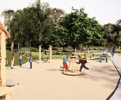  Aire de jeux en bois au cœur de la plaine Noël Dessard, soulignant un aménagement paysager qui met l’accent sur la biodiversité et l’intégration au territoire. 