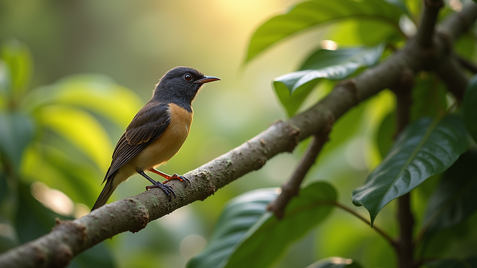 Close-up of a bird perched on a shade tree branch in a coffee farm