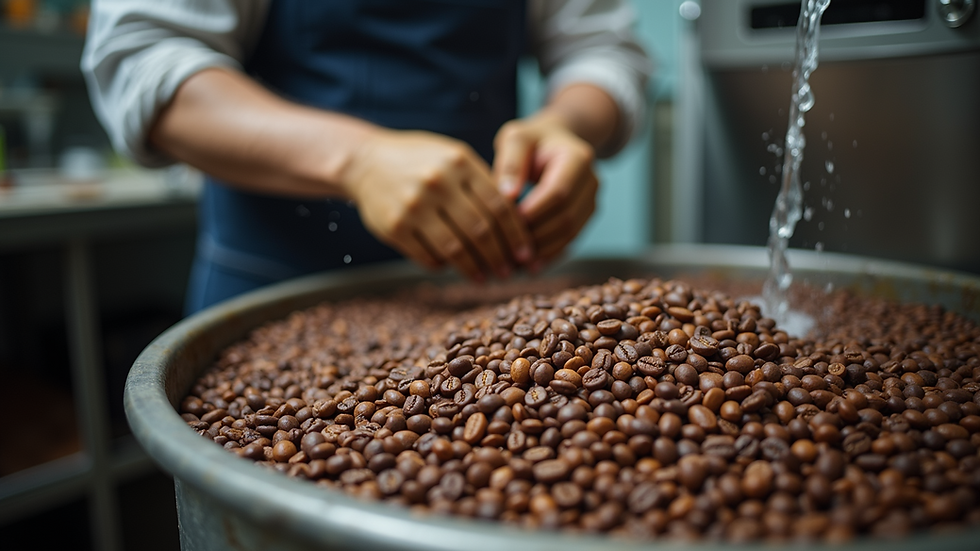 Close-up view of coffee beans being washed in a processing station