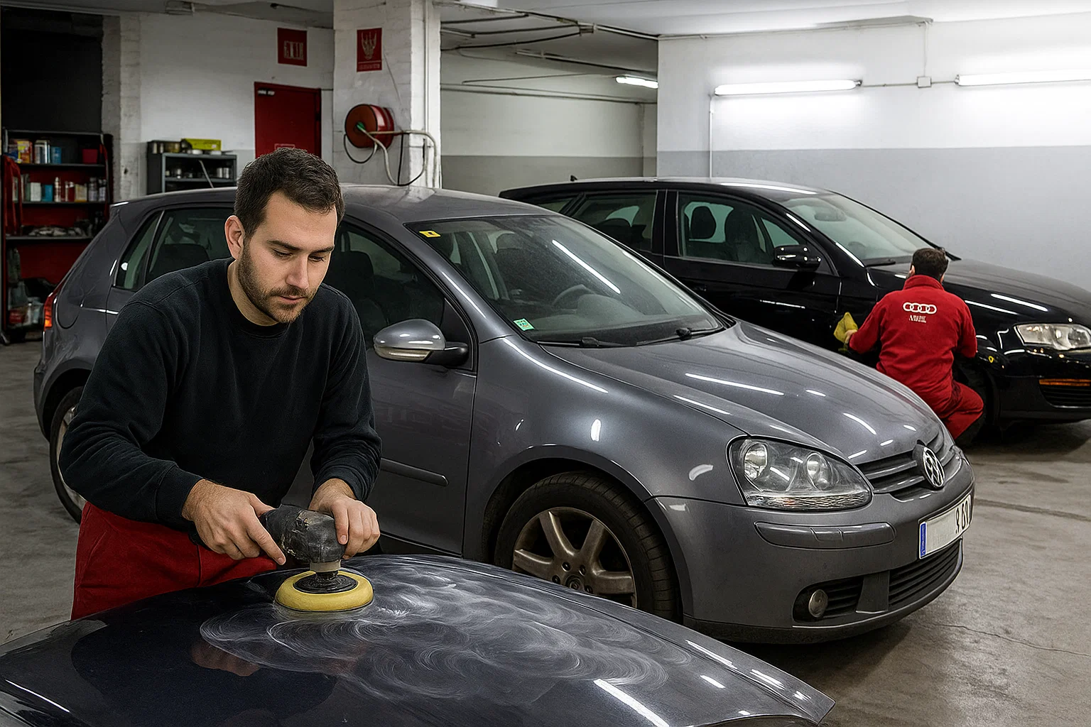 Hombre puliendo un coche, Ven y pide tú presupuesto, taller de automóviles, trabajo manual.