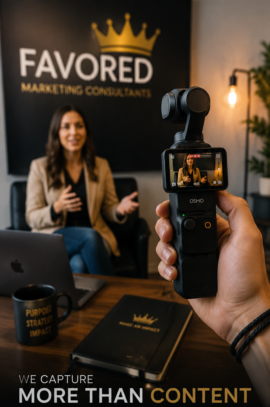 small camera filming a woman with favored marketing in background
