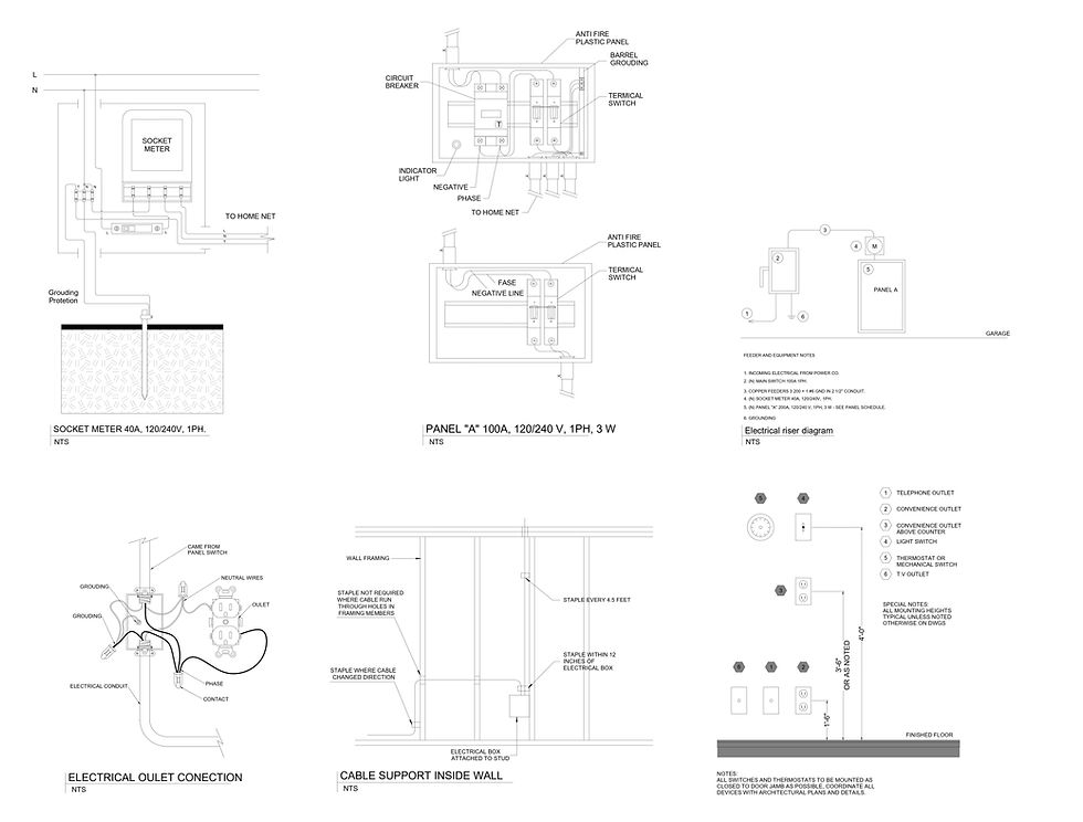 Technical plan prepared by HB Design and Engineering showing details of MEP services, including electrical diagrams, panels, connections, and cable support for residential installation