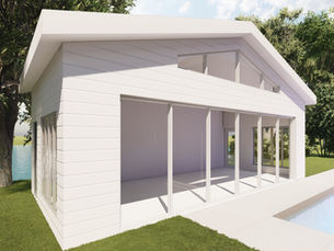 White modern house with large windows beside a pool. Green grass, trees, and a tranquil lake in the background under a sunny sky. Design made by HB Design and Engineering, used to represent a building designer near me.