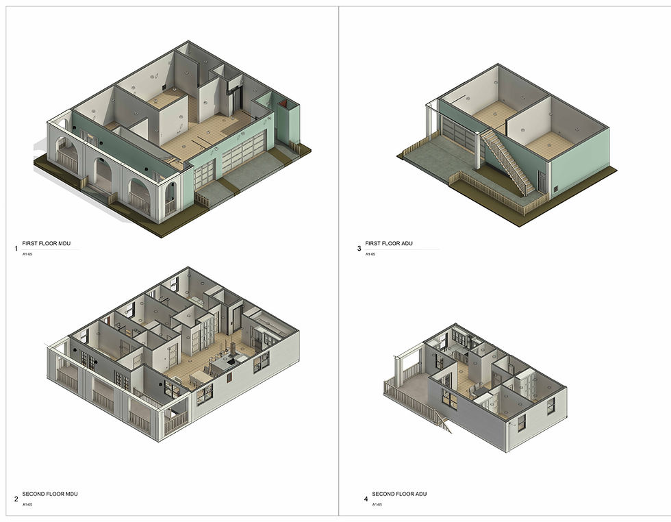The image shows a professional architectural sheet with four isometric 3D floor plans of a main residence and an ADU, similar to work produced by HB Design and Engineering.
