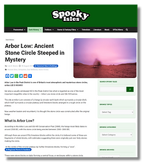 Screenshot of an article titled "Arbor Low: Ancient Stone Circle Steeped in Mystery" on the Spooky Isles website, under the Dark History category.