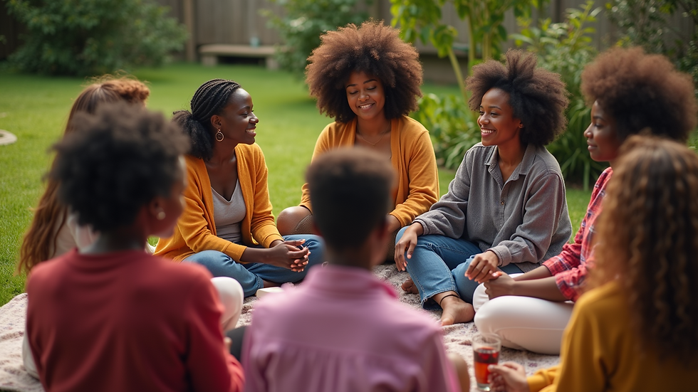 High angle view of a circle of women sitting outdoors in a sisterhood gathering