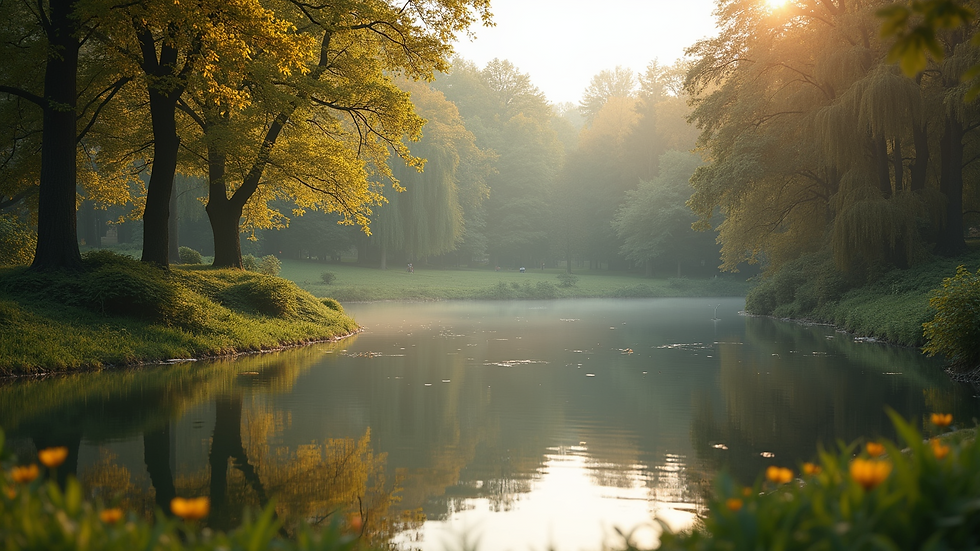 Wide angle view of a serene park setting ideal for reflection and meditation