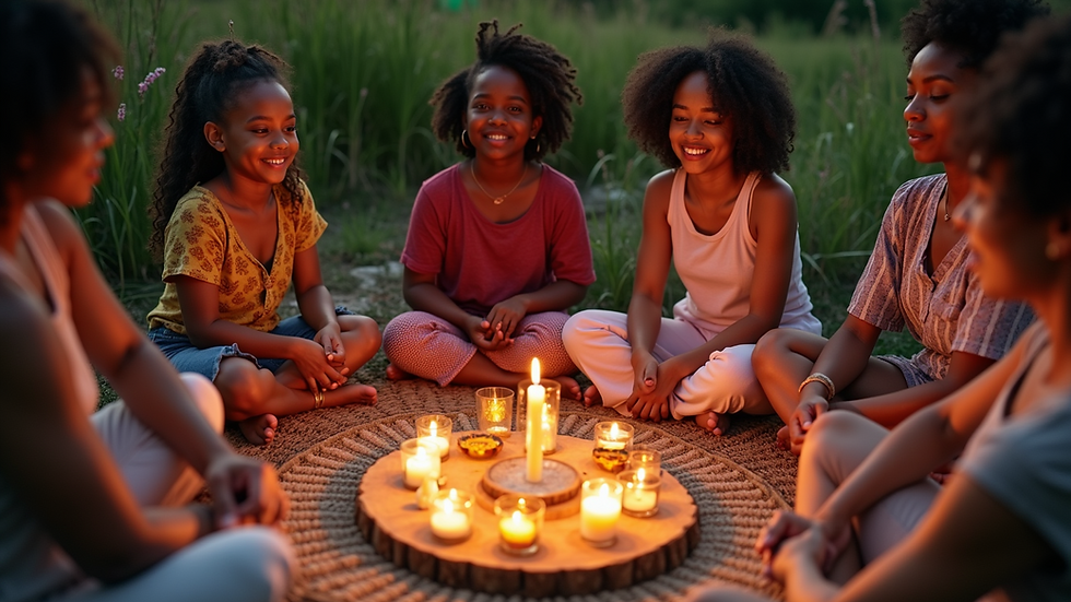 High angle view of ritual circle with candles and natural elements outdoors