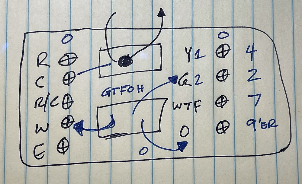 Poor drawing of confusing thermostat installation instructions.