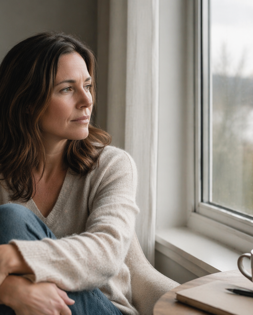 Reflective adult seated by a window in a calm home setting
