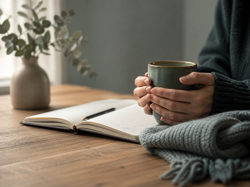 Open journal, ceramic mug, and soft natural light suggesting thoughtful care and reflection