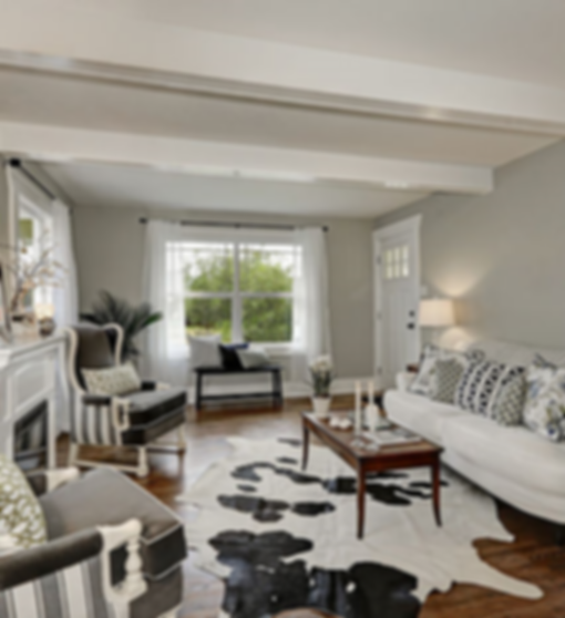 Living room with neutral colors, gray, white, black accents and faux rug