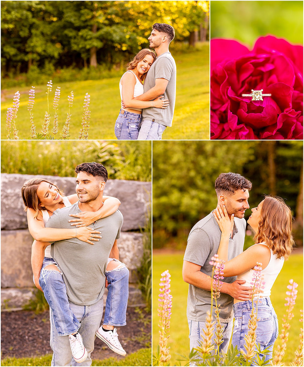 Couple embraces in a sunny field, with a close-up of a diamond ring on a pink flower during their engagement photos at The Rosemary at Spano Lake in Cooperstown, New York