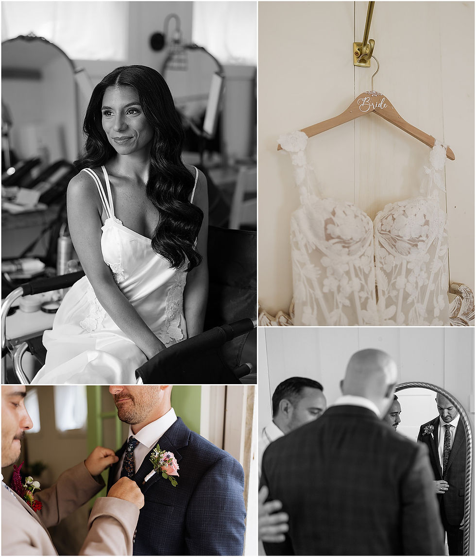 Cooperstown New York wedding day getting ready moments of a bride in white gown, dress on Bride hanger, groom getting boutonniere, men adjusting suit in mirror