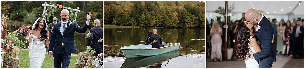 Bride and groom celebrate outdoors; in a boat on a lake; dancing under a tent with string lights during their Cooperstown wedding at The Rosemary at Spano Lake